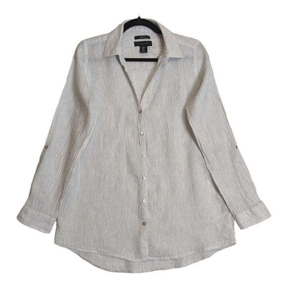 Tahari Tops - Tahari Linen Button Shirt Medium Pinstripe VNeck Rolltab Tunic White Blue Blouse